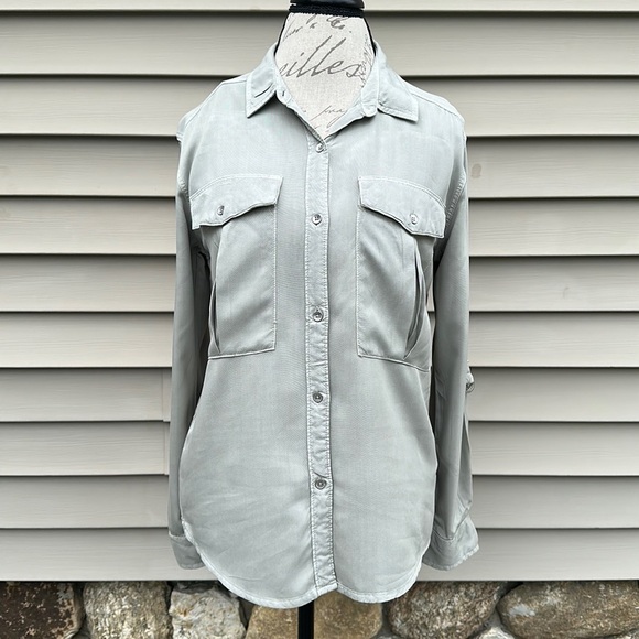 Calvin Klein Utility Roll Tab Sleeve Button Down Blouse - Tarragon Green - Picture 1 of 16